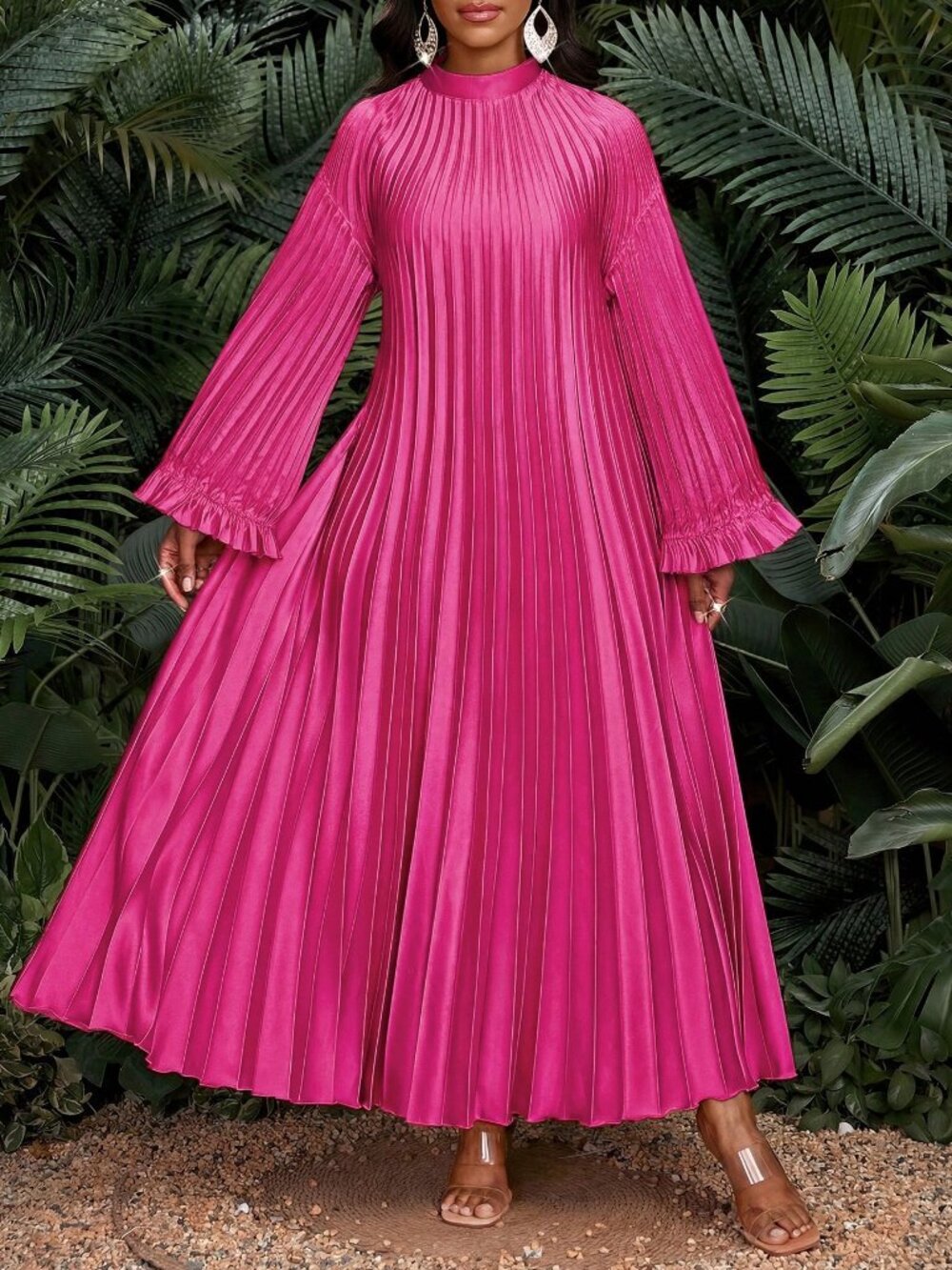 Hot Pink Casual Women's Plus Size Long Sleeve Pleated Maxi Dress - Picture 6 of 6
